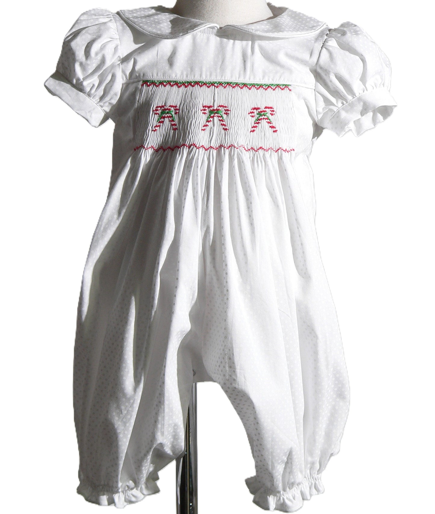 White CANDY CANE Smocked Short Sleeve Romper With Peter Pan Collar