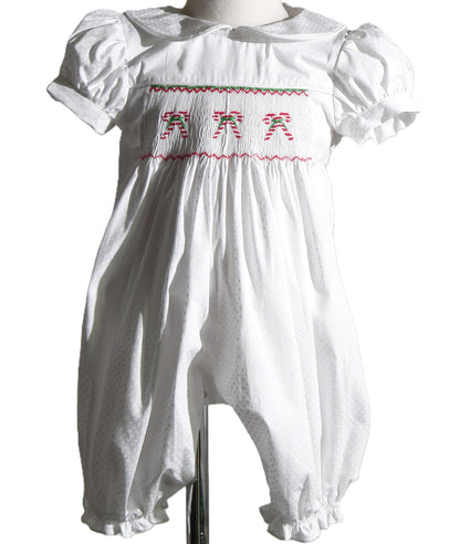 White CANDY CANE Smocked Short Sleeve Romper With Peter Pan Collar
