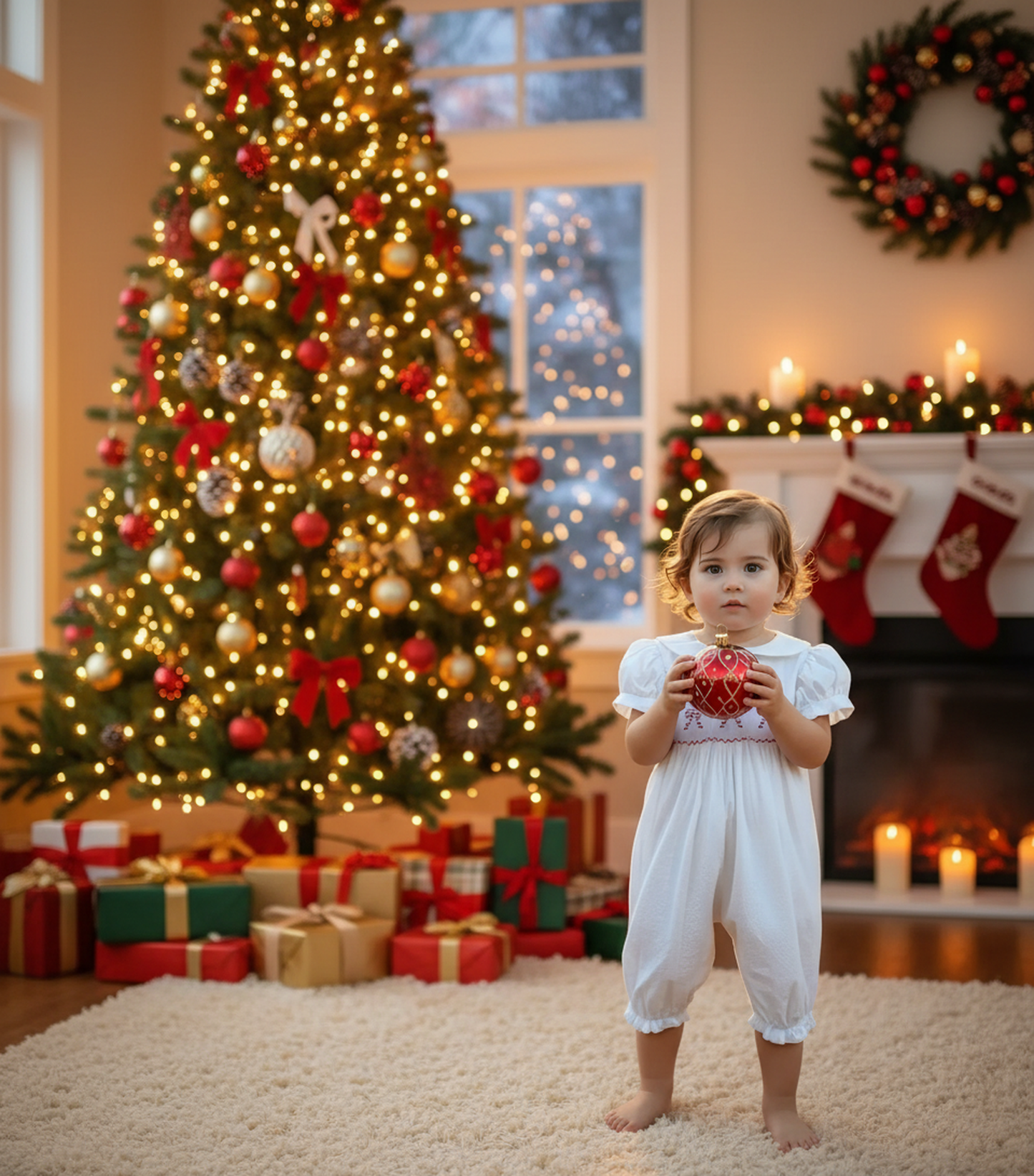 White CANDY CANE Smocked Short Sleeve Romper With Peter Pan Collar
