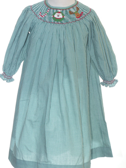 Green Gingham Long-Sleeve Bishop Dress With "JOY" Hand-smocked