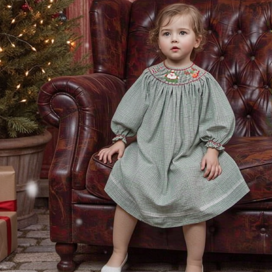 Green Gingham Long-Sleeve Bishop Dress With "JOY" Hand-smocked