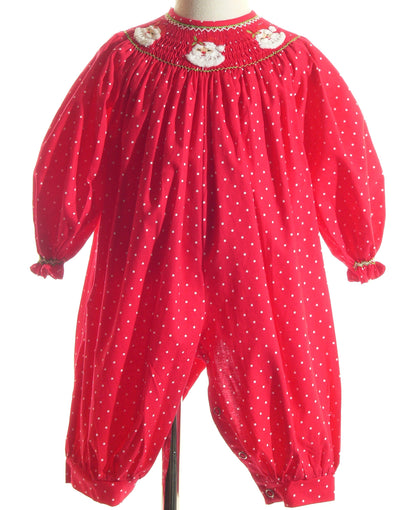 Red Polka-dot SANTA FACES Smocked Long Sleeve Romper