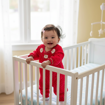 Red Polka-dot SANTA FACES Smocked Long Sleeve Romper
