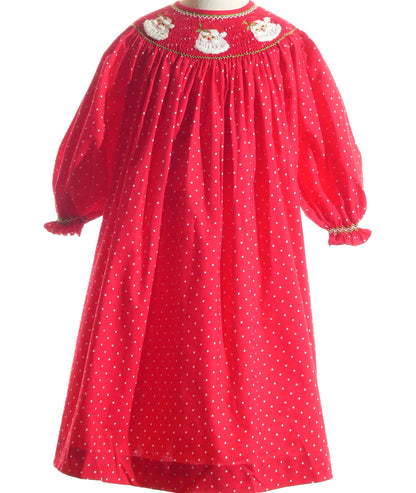 Red Polka Dot Long-Sleeve Bishop Dress Smocked With SANTA FACES