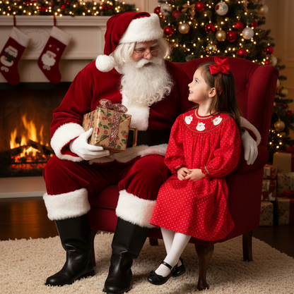 Red Polka Dot Long-Sleeve Bishop Dress Smocked With SANTA FACES