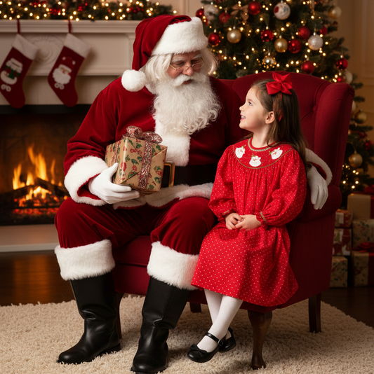 Red Polka Dot Long-Sleeve Bishop Dress Smocked With SANTA FACES