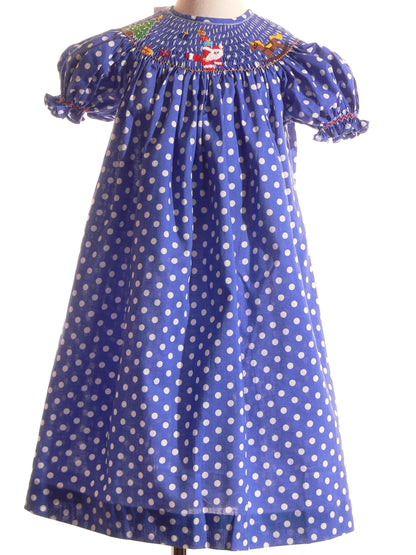 Blue Polka-dot Short Sleeve Dress Smocked With SANTA, CHRISTMAS TREE & HORSE