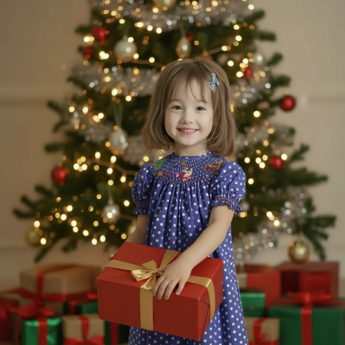Blue Polka-dot Short Sleeve Dress Smocked With SANTA, CHRISTMAS TREE & HORSE