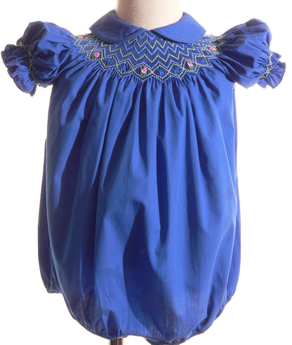 Blue Geometric Smocked With Florals Short Bishop Sleeve Bubble