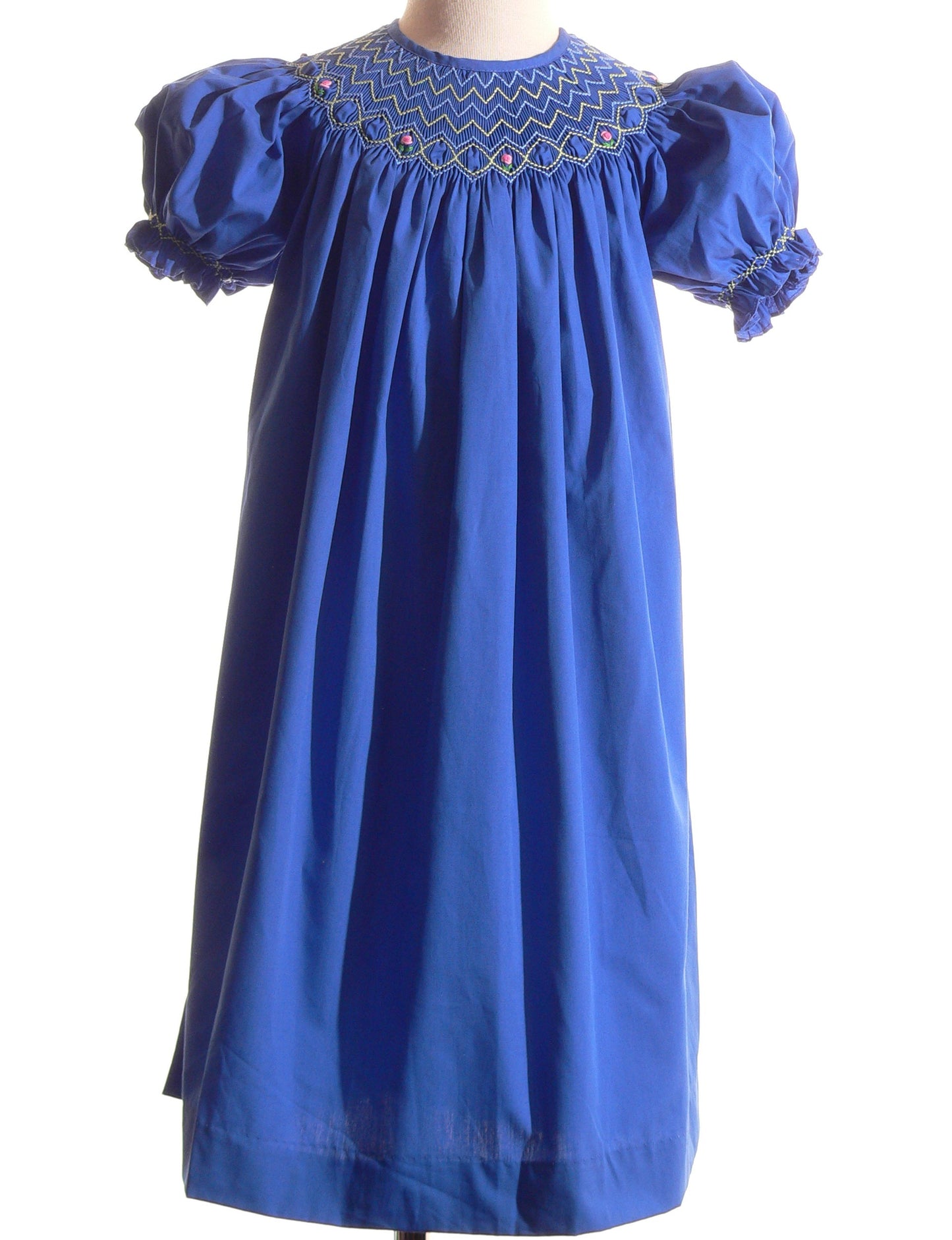 Blue Geometric Smocked With Florals Short Bishop Sleeve Dress