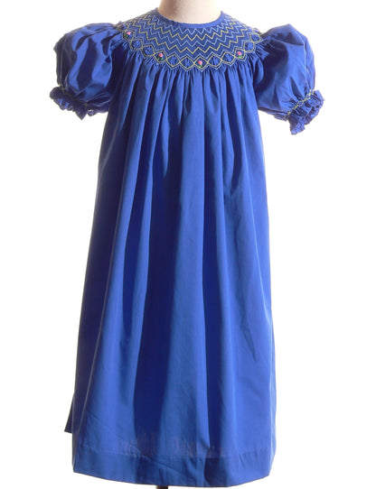 Blue Geometric Smocked With Florals Short Bishop Sleeve Dress