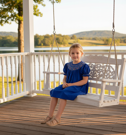 Blue Geometric Smocked With Florals Short Bishop Sleeve Dress