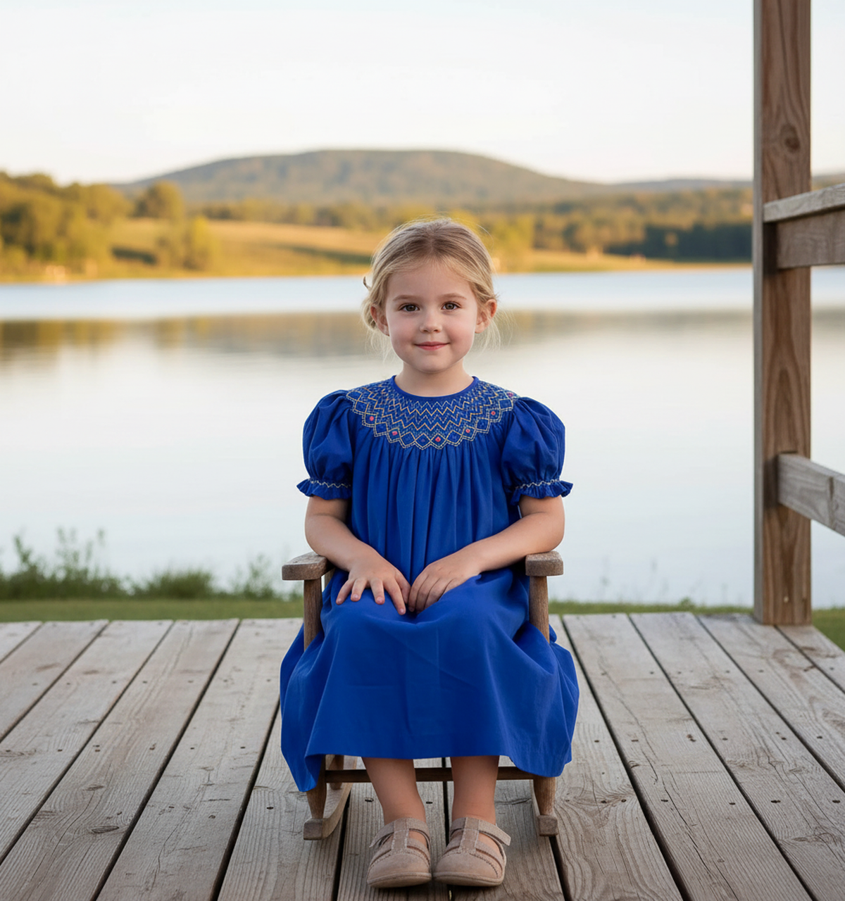 Blue Geometric Smocked With Florals Short Bishop Sleeve Dress