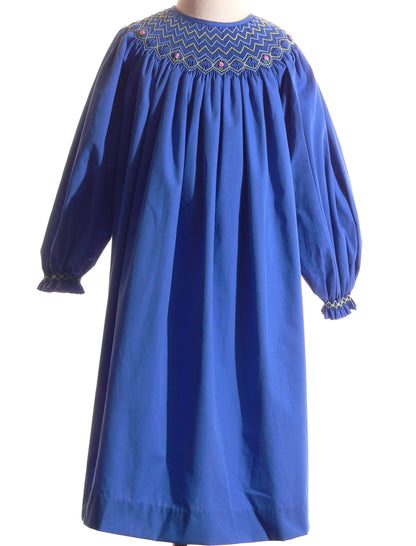 Blue Geometric Smocked With Florals Long Bishop Sleeve Dress