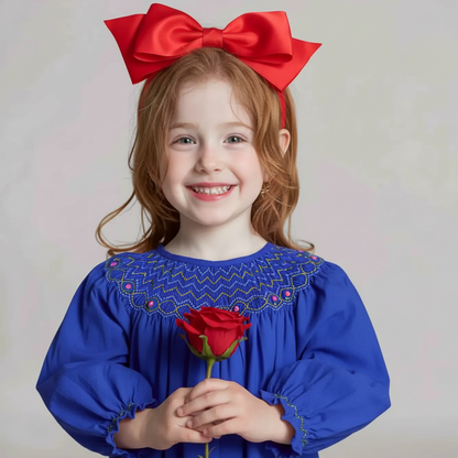 Blue Geometric Smocked With Florals Long Bishop Sleeve Dress