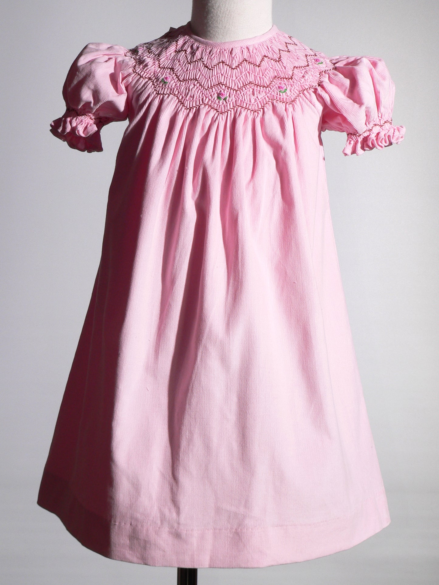 Pink Corduroy Geo Smocked With Roses Short Sleeve Bishop Dress
