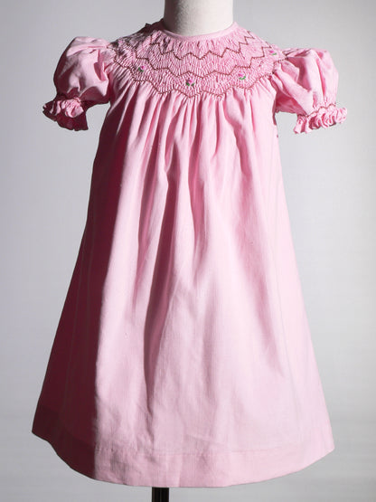 Pink Corduroy Geo Smocked With Roses Short Sleeve Bishop Dress
