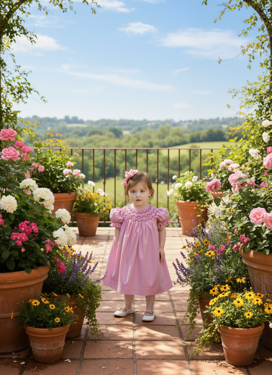 Pink Corduroy Geo Smocked With Roses Short Sleeve Bishop Dress