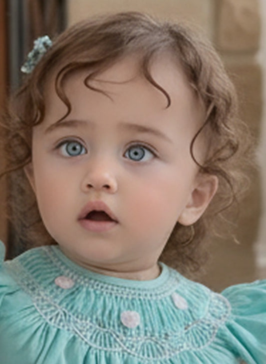 Turquoise Corduroy Geo Smocked With White Daisies Short Sleeve Dress