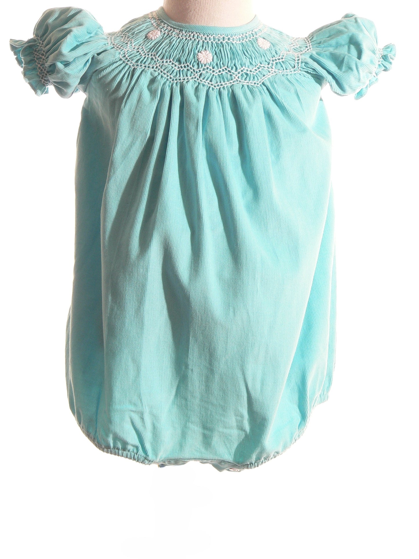 Turquoise Corduroy Geo Smocked With White Daisies Short Sleeve Bubble