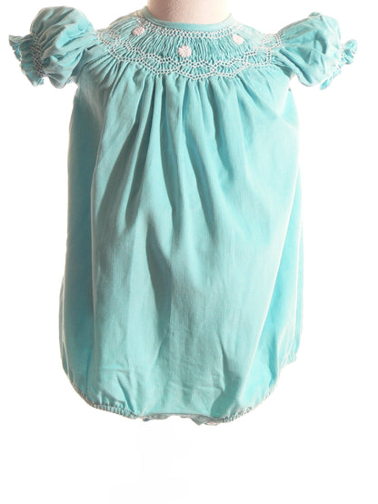Turquoise Corduroy Geo Smocked With White Daisies Short Sleeve Bubble