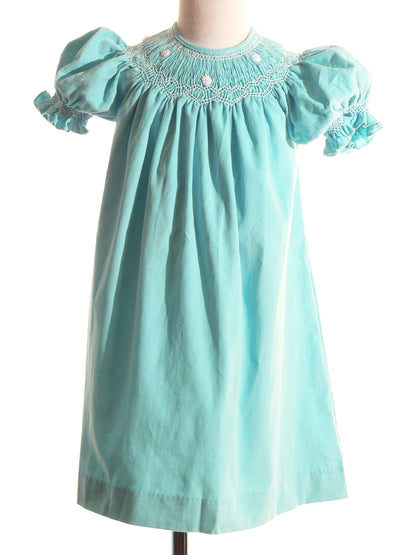 Turquoise Corduroy Geo Smocked With White Daisies Short Sleeve Dress