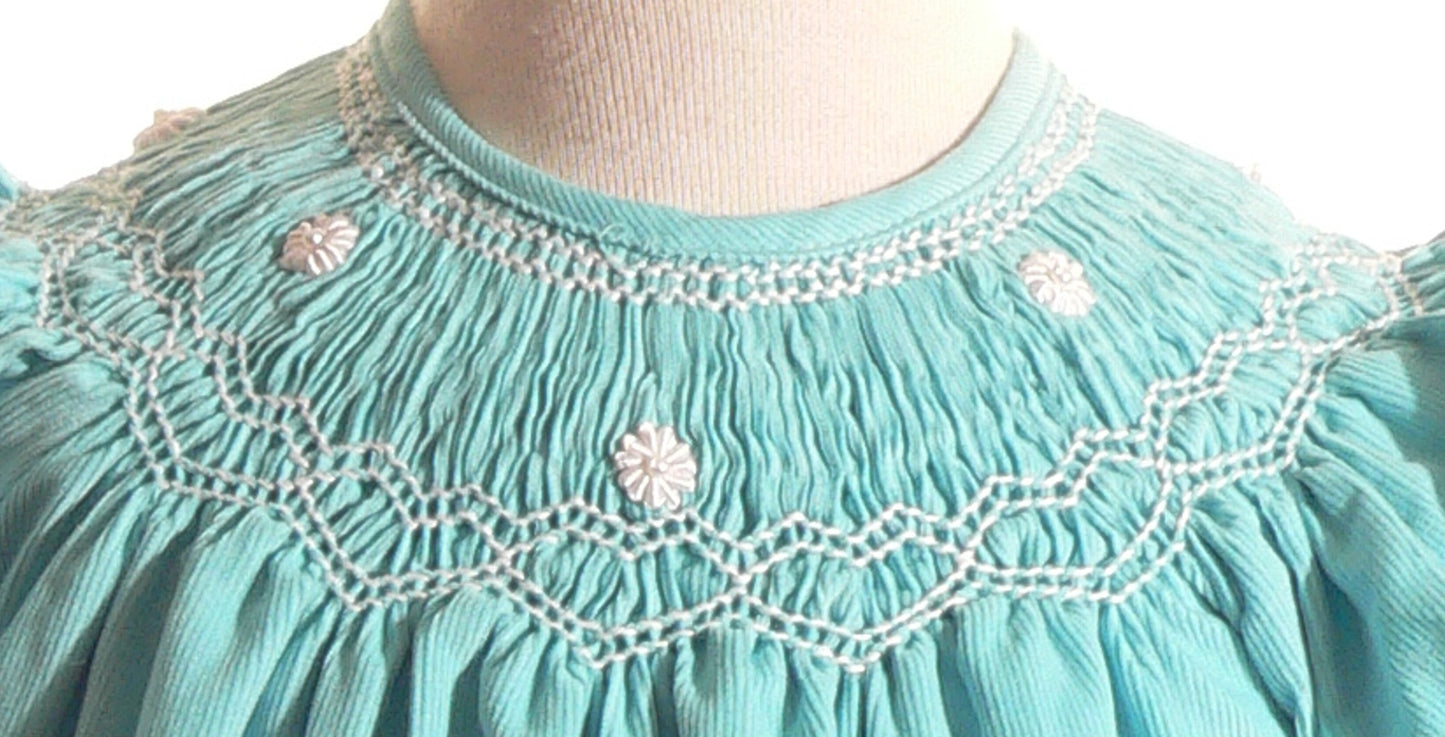 Turquoise Corduroy Geo Smocked With White Daisies Short Sleeve Dress