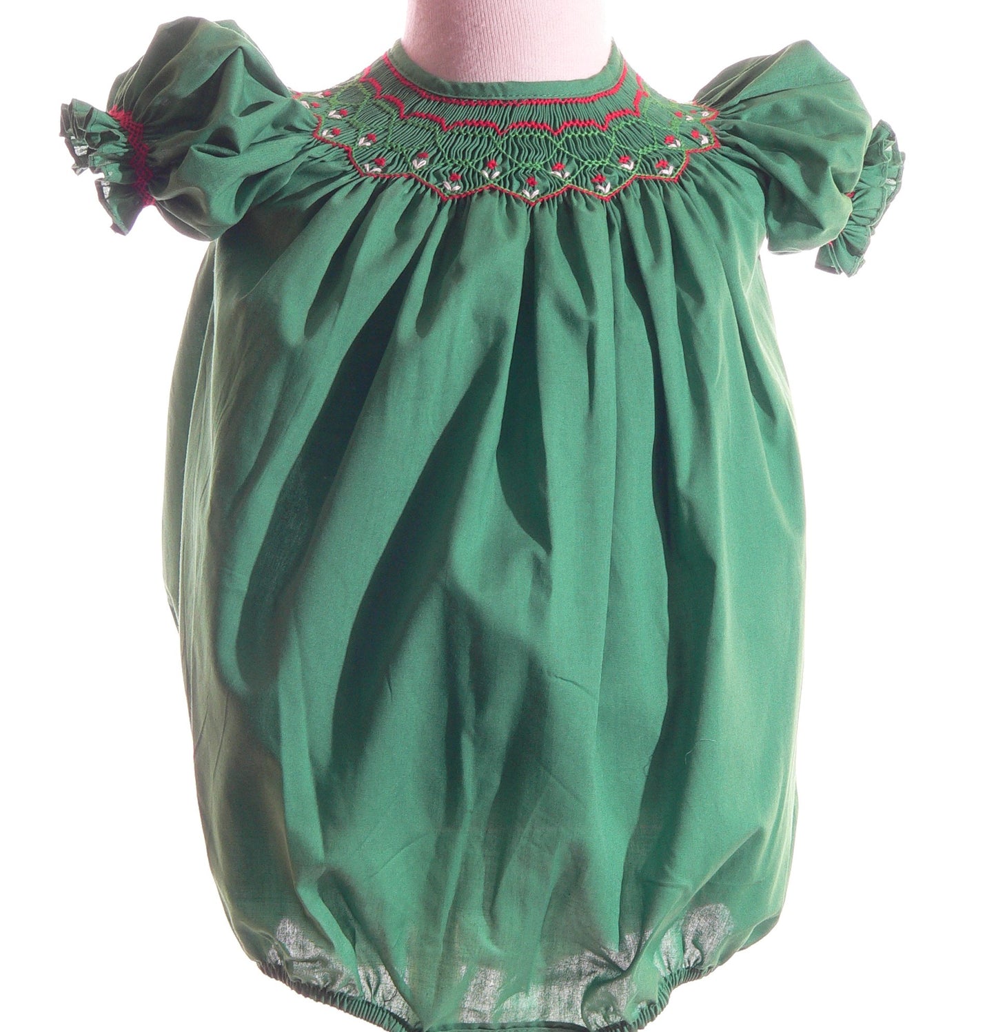 Green Geometric Smocked Short Sleeve Bubble