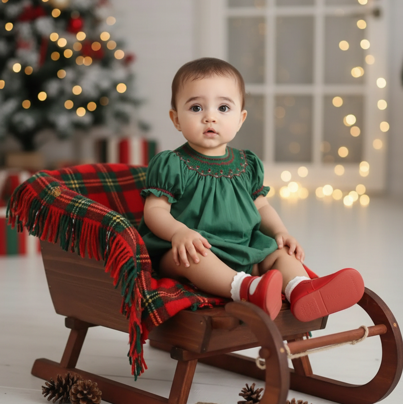 Green Geometric Smocked Short Sleeve Bubble