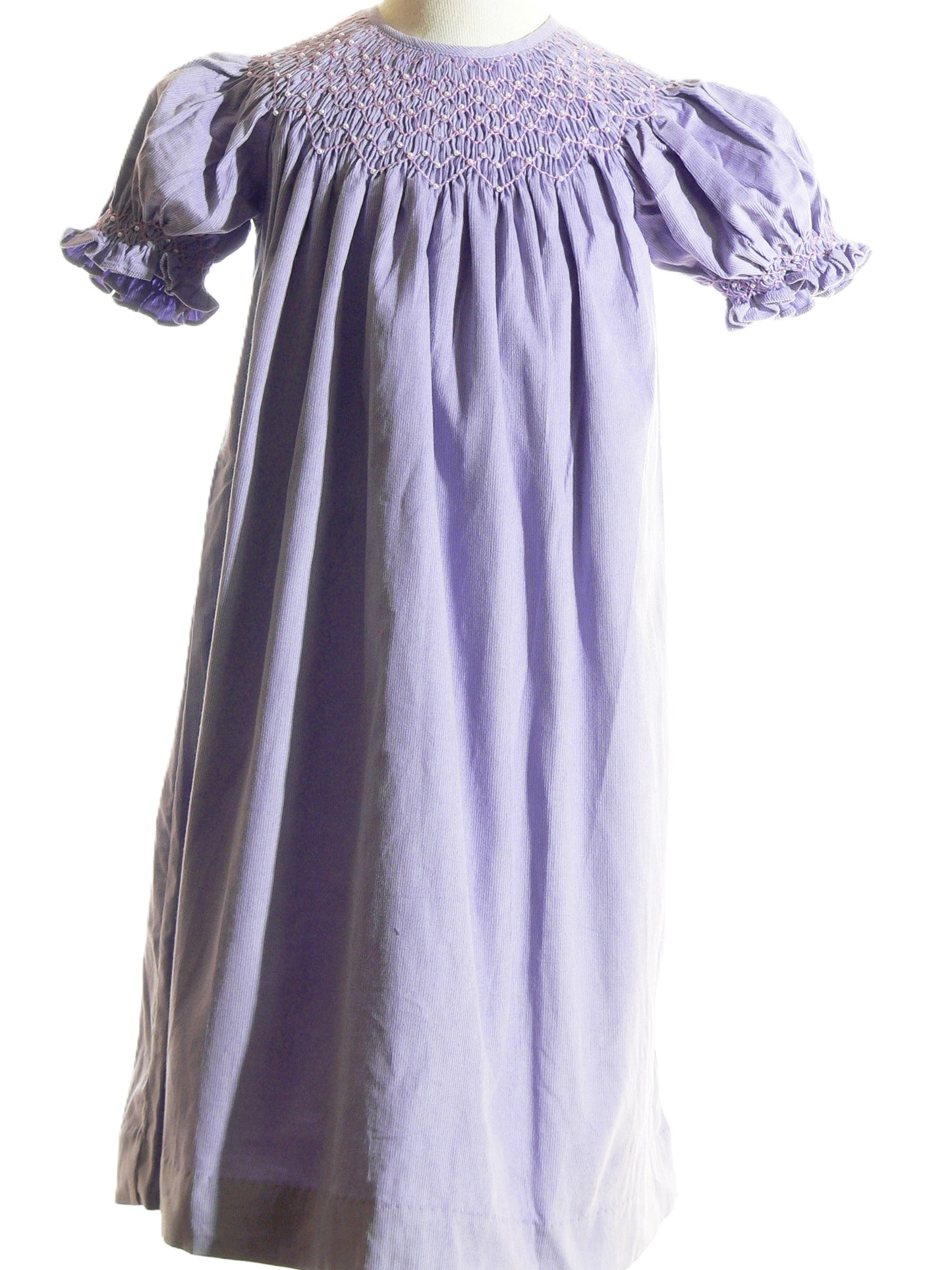 Purple Corduroy Geo Smocked With Pearls Short Sleeve Bishop Dress