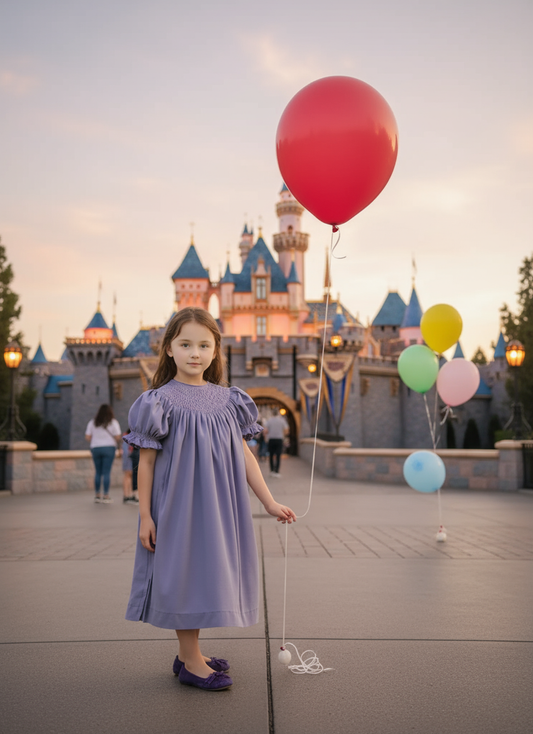 Purple Corduroy Geo Smocked With Pearls Short Sleeve Bishop Dress