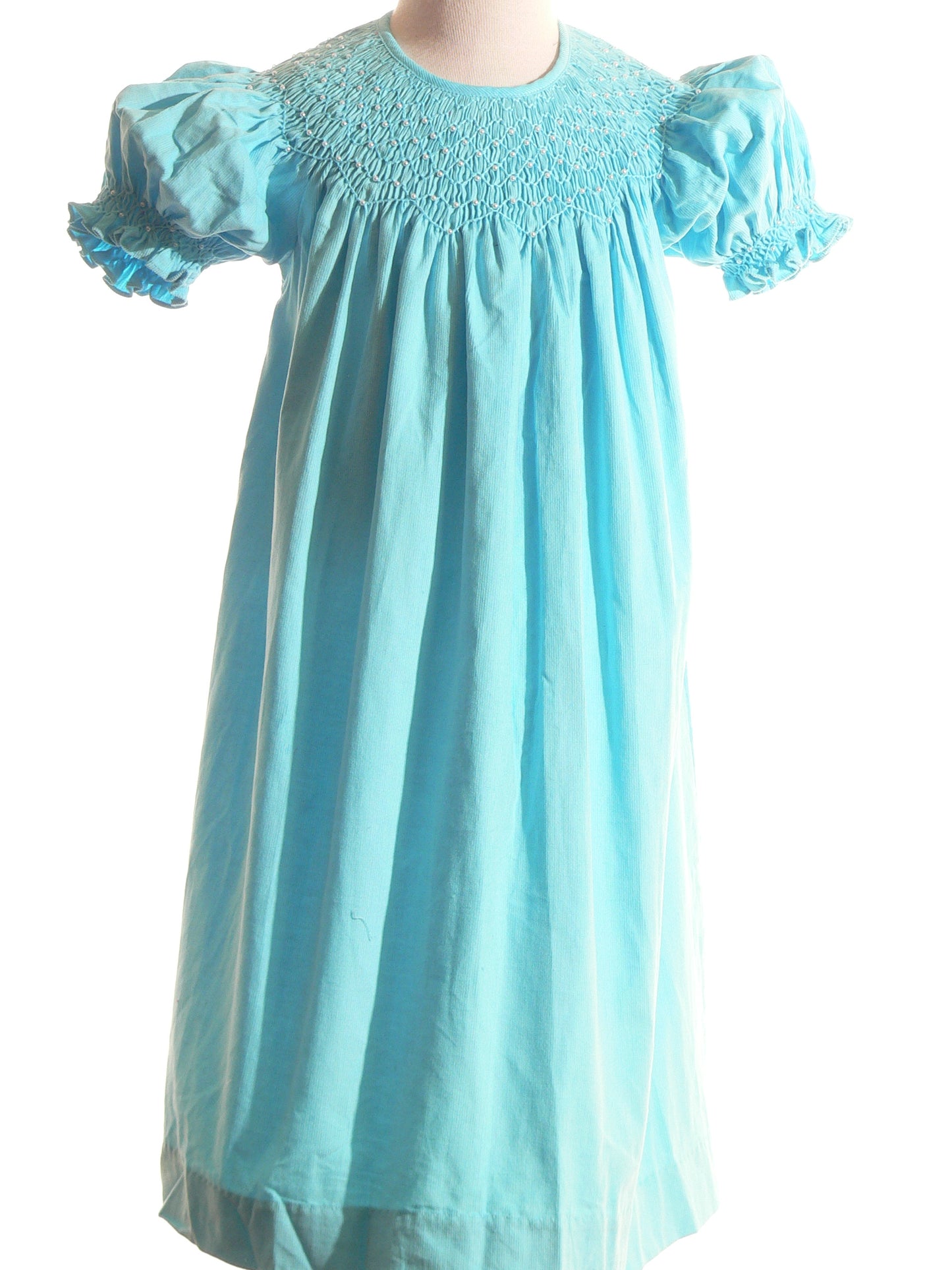 Blue Corduroy Geo Smocked With Pearls Short Sleeve Bishop Dress
