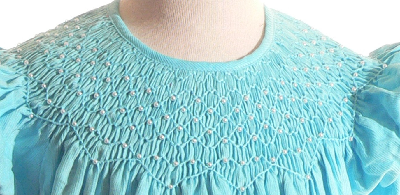 Blue Corduroy Geo Smocked With Pearls Short Sleeve Bishop Dress