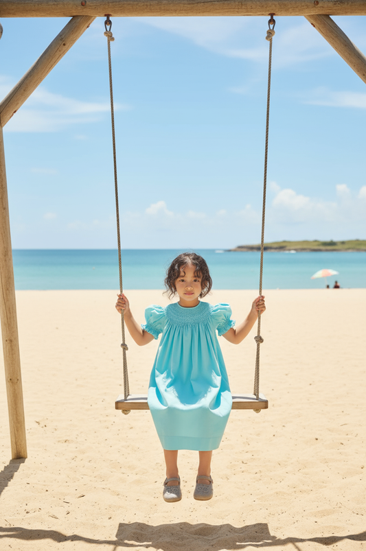 Blue Corduroy Geo Smocked With Pearls Short Sleeve Bishop Dress