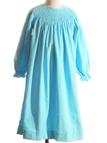 Blue Corduroy Geo Smocked With Pearls Long Sleeve Bishop Dress