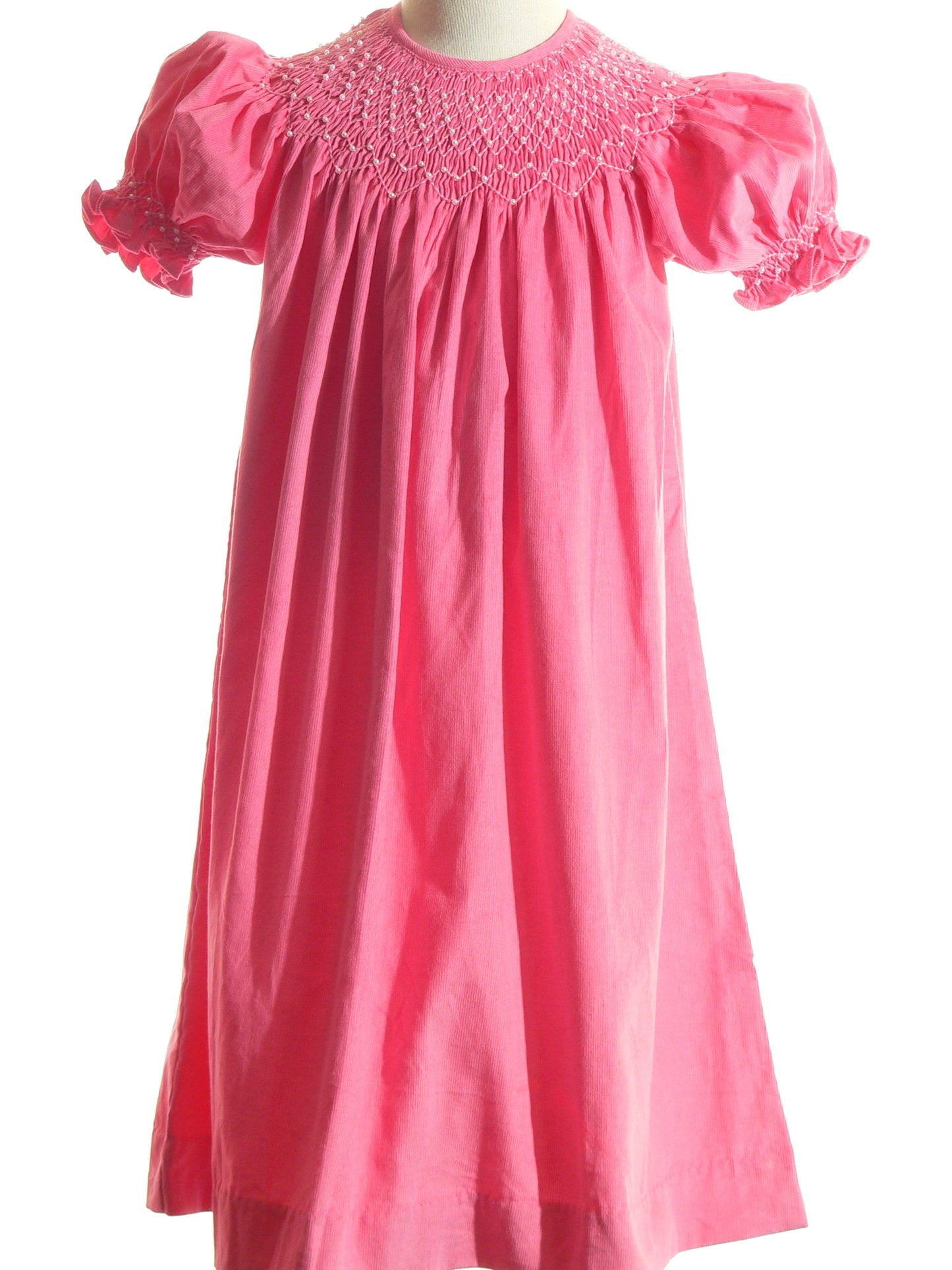 Pink Corduroy Geo Smocked Short Sleeve  Bishop Dress With Pearls
