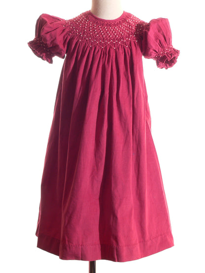 Pink Corduroy Geo Smocked With Pearl Short Sleeve Bishop Dress