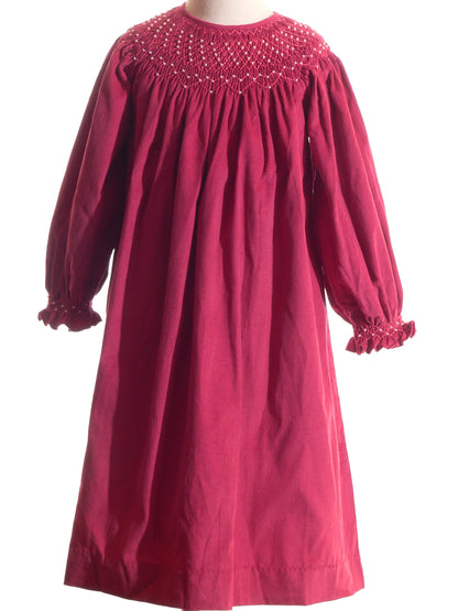 Pink Corduroy Geo Smocked With Pearl Long Sleeve Bishop Dress