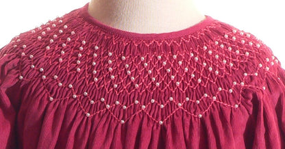 Pink Corduroy Geo Smocked With Pearl Long Sleeve Bishop Dress