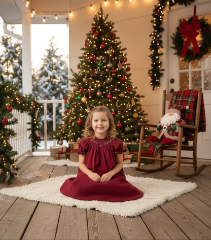 Pink Corduroy Geo Smocked With Roses Short Sleeve Bishop Dress