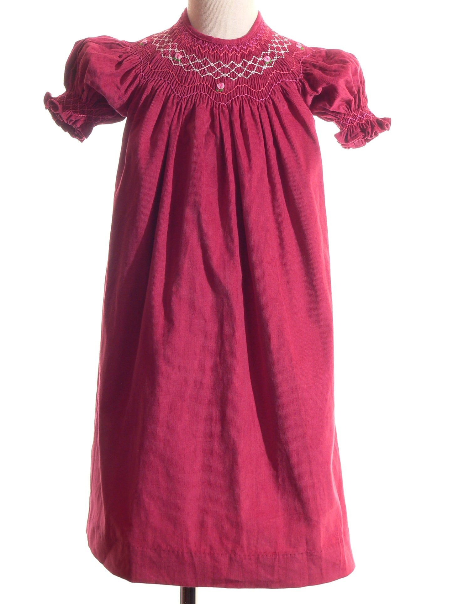 Pink Corduroy Geo Smocked With Roses Short Sleeve Bishop Dress