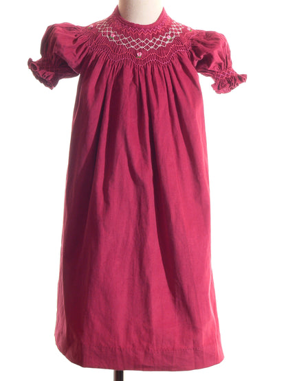 Pink Corduroy Geo Smocked With Roses Short Sleeve Bishop Dress