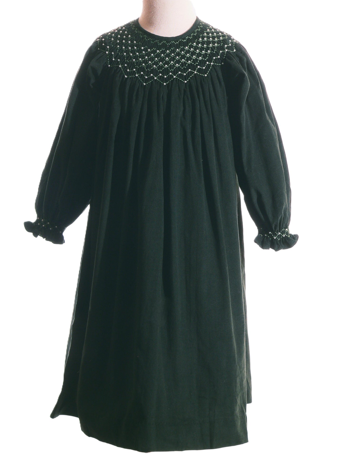 Green Corduroy Smocked with Pearl Long Sleeve Bishop Dress