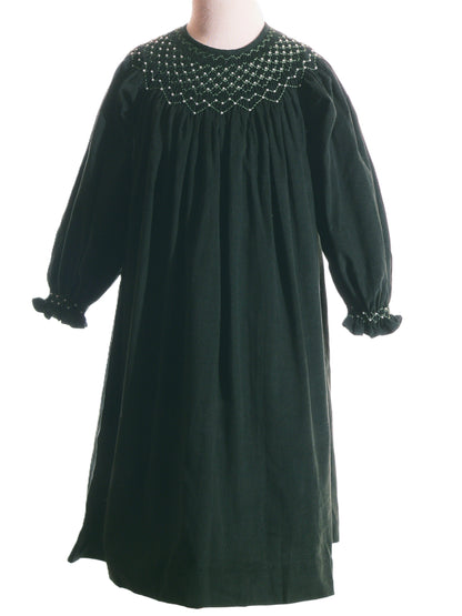 Green Corduroy Smocked with Pearl Long Sleeve Bishop Dress