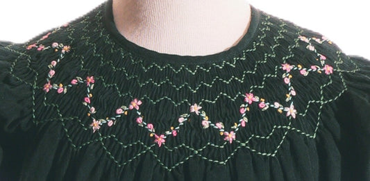 Green Corduroy Smocked with Roses Short Sleeve Bishop Dress