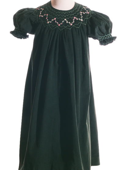 Green Corduroy Smocked with Roses Short Sleeve Bishop Dress