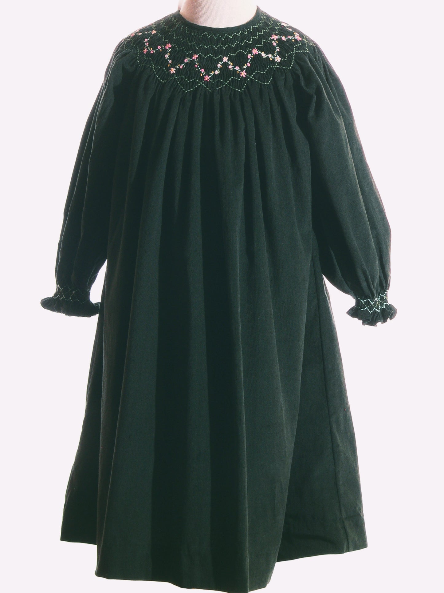 Green Corduroy Smocked with Roses Long Sleeve Bishop Dress