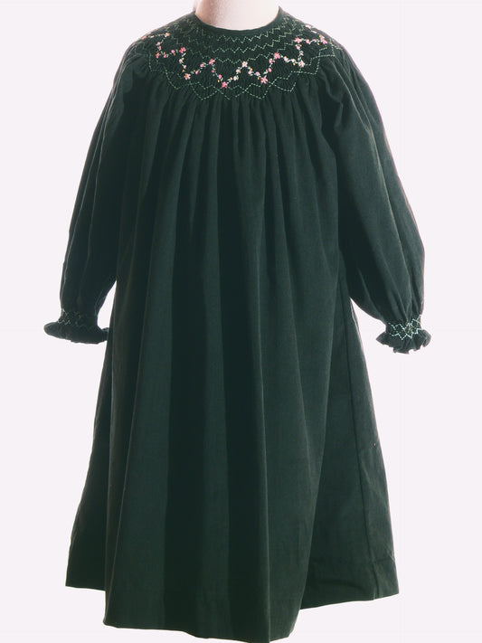 Green Corduroy Smocked with Roses Long Sleeve Bishop Dress