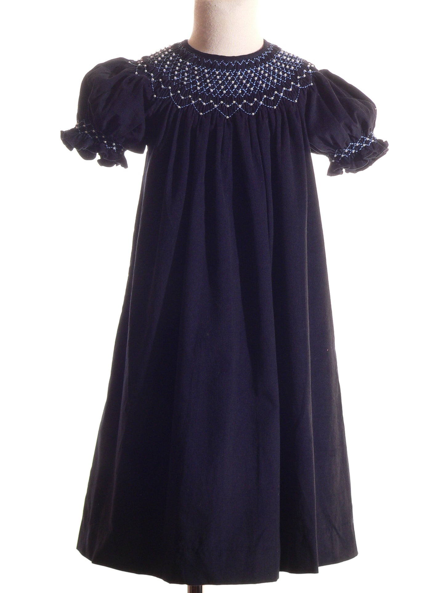 Navy Corduroy Geometric Smocked with Pearl Long Sleeve Bishop Dress