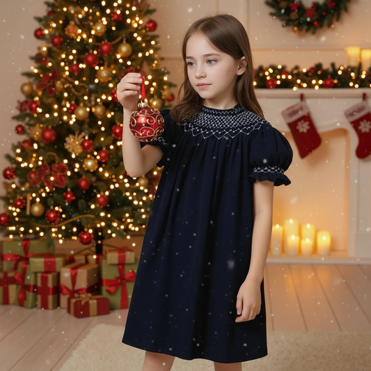 Navy Corduroy Geometric Smocked with Pearl Long Sleeve Bishop Dress